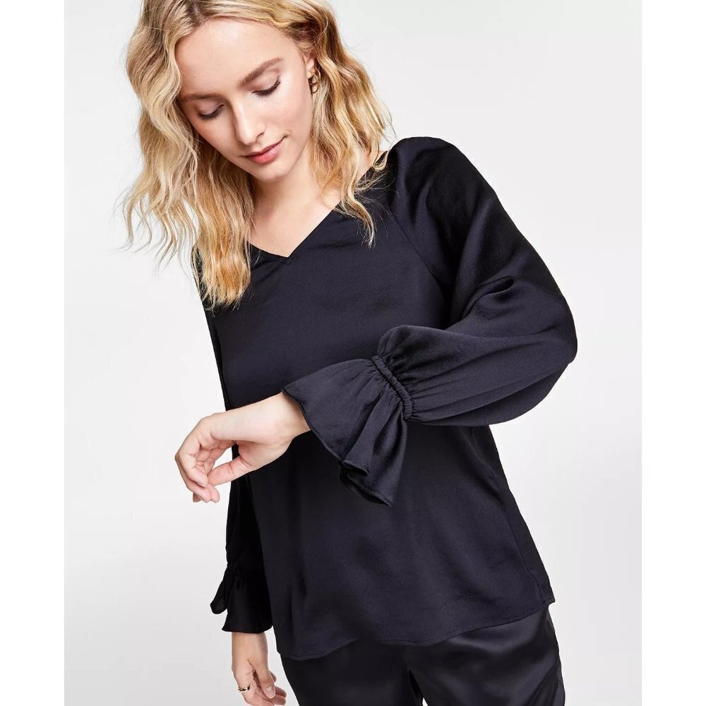 Bar III Womens Size Small Long Sleeve Ruffled Cuff Blouse in‎ Black $69 262